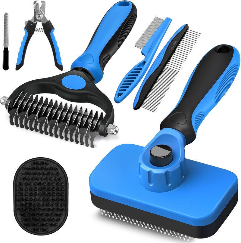 Augwind 7 in 1 Pet Grooming Kit - Dog&Cat Comb, Deshedding Brush, Nail Clipper with File, Bath Brush - Premium Pet Supplies (Black Blue) - Image 1